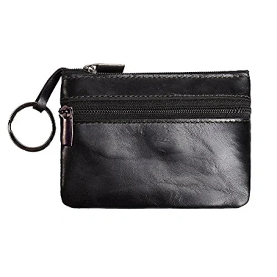 Image of Hibate Women&#039;s Mini Coin Purse Wallet Genuine Leather Zipper Pouch with Key Ring Minimalist Black_B