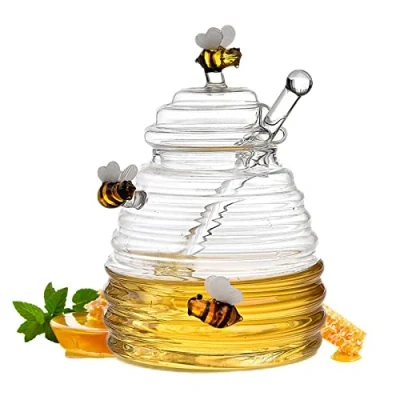 Image of Dubbulon Glass Honey Pot With Dipper, Jars Lids And Stick, Pot, Dispenser, Dispenser For Home Kitchen, Beehive Shape Honeypot Kitchen
