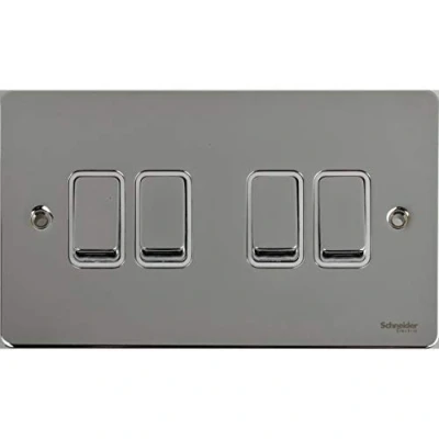 Image of Schneider Electric Ultimate Flat Plate 4 Gang Rocker 2 Way Light Switch, Single Pole, 16AX, GU1242WPC, Polished Chrome with White Insert