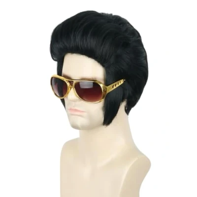 Image of Topcosplay Man&#039;s Black Short Wig with Sideburns Cosplay 50&#039;s Costume Fancy Dress Wigs (Black)