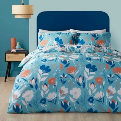 Image of Fusion Duck Egg Blue Floral Duvet Cover King Bedding Size (230 x 220cm) Reversible (2 Colours White &amp; Egg) Retro Flowers Bed Set Botanical in