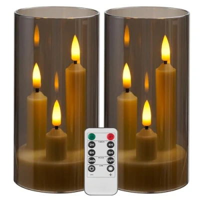 Image of Da by Flameless Candle, Battery Powered Candle with Remote Control and Timer, LED Three Wick Pillar Romantic Wedding, Perfect Home Décor, 2 Pack (Grey)