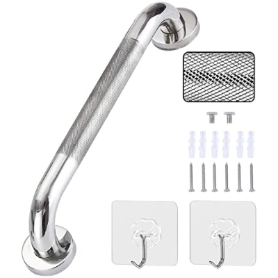 Image of 13 inch Anti Slip Shower Grab Bar Handle, Chrome Stainless Steel Bathroom Bar, Knurled Balance Bar,Safety Hand Rail Support,Handicap Elderly Senior Assist Bath Handle