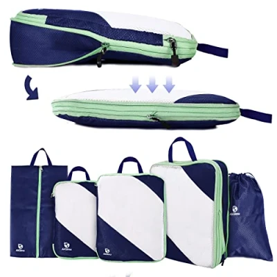 Image of AiQInu Packing Cubes Compression, Pack of 5 Bags, Compression Suitcase Organiser Set with Laundry Bag and Shoe Bag, Ultralight, Expandable, Travel for Hand Luggage (Dark Blue)