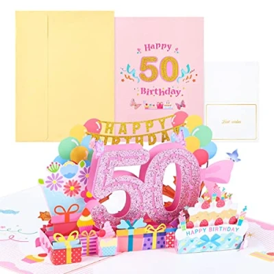 Image of Joyoldelf 50th Birthday Cards for Women, Pop Up Greeting Cards, 3D Card Card, with Envelope Women Mothers Girls Men Friends Romance Gift
