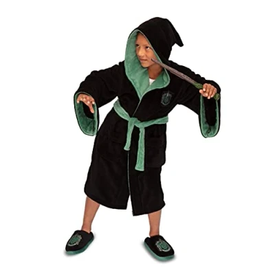 Image of Groovy Uk Harry Potter Slytherin Kids PolyFleece Robe, X Large, Black/Green