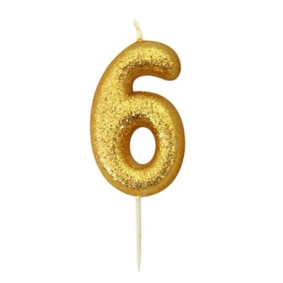 Image of Anniversary House Metallic Gold Glitter Candle, Number 6, 6th Birthday Cake Topper, 7 Centimeters, AHC90/6
