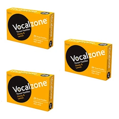 Image of Vocalzone Throat Pastilles Honey &amp; Lemon 6 Packs 24 for Sore Throats and Hoarseness When Overusing Your Voice. Produced Sold in The United Kingdom Since 1912.