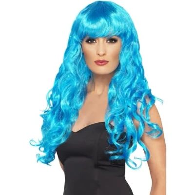 Image of Smiffys Siren Wig, Blue Long, Curly with Fringe, Ladies Glamour Wigs Fancy Dress, Adult Dress Up