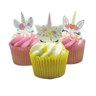 Image of 16 Stand Up Unicorn Flower Horns and Eyes Themed Edible Wafer Paper Cake Toppers Decorations
