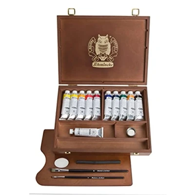 Image of Schmincke Norma® finest oil colours, premium wooden box, 11 x 35 ml set painting, 71 310 097, accessories: palette plug, drawing charcoal, 2 daVinci brushes.