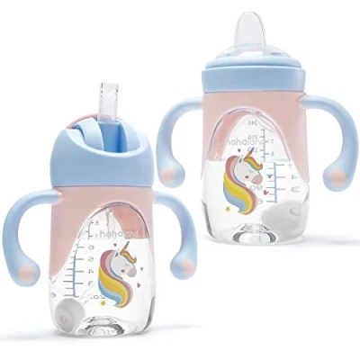 Image of hahaland 2 in 1 Baby Cups &amp; Sippy Cup with Straw and a Spout 240ML, Toddler Drinks Water Bottles Trainer Handles for Babies 6 12 Months Unicorn (One Nipples)
