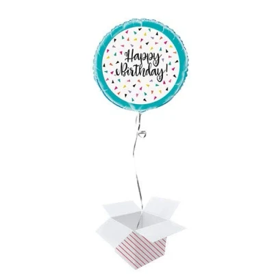 Image of Triangle Confetti Birthday Round Foil Helium Balloon Inflated in a Box