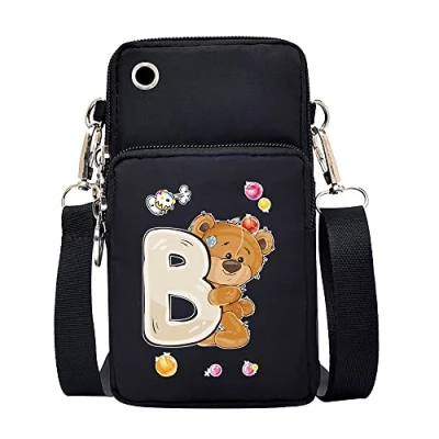 Image of FINDING CASE initial letter Printed Women Girls men Zipper Waterproof Nylon 3 Layers Crossbody Bags Wallet Cellphone Purse Shoulder Bag Wristlet Handbags Adjustable Strap (Bear B)