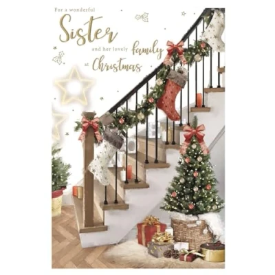 Image of ICG Wonderful Sister and Family Christmas Card Tree Staircase Embossed with Foil Flitter Details
