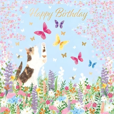 Image of Female Birthday Card for Her General Women Cat, Butterflies and Bees Artistic Floral Design Special Finish Made in the UK Eco Friendly