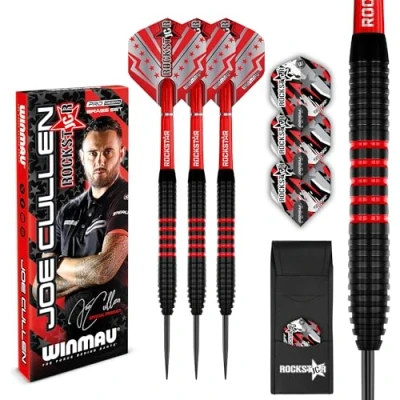 Image of WINMAU Darts Joe Cullen Rockstar 20g Brass Set with Dart Flights and Shafts (Stems) Including Checkout Card