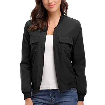Image of MISS MOLY Bomber Jacket Womens Flight Zip Up Lightweight Multi Pocket Black Medium