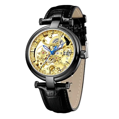 Image of Carlien Skeleton Automatic Steampunk Watches Gold Tone Luminous Hands Leather Strap Wrist Watch, Black Gold, 40mm, Retro