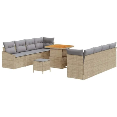 Image of vidaXL 11 Piece Garden Sofa Set with Cushions Beige Poly Rattan Acacia