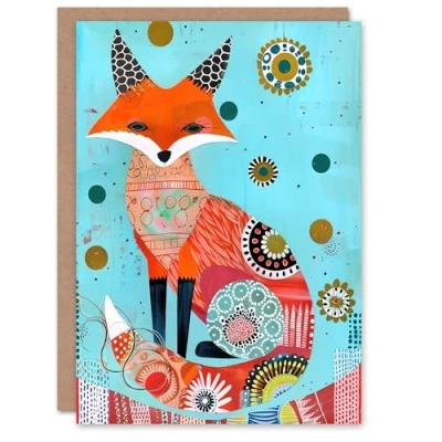 Image of Artery8 Fox Folk Art Portrait Colourful Pattern Design Greeting Birthday Card Him Her All Blank