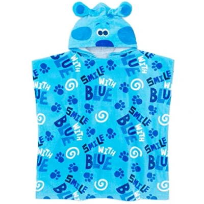 Image of Blue&#039;s Clues And You Kids Towel Poncho in Blue the Puppy Cartoon Bath with 3D Ears for Boys &amp; Girls Swimming Swimwear Beach Graphic Changing Robe Cosy Gift Children