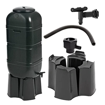 Image of Space Saver 100 Litre Black Slimline Water Butt Kit For Outdoors Gardens Complete With Stand, Lid &amp; Diverter