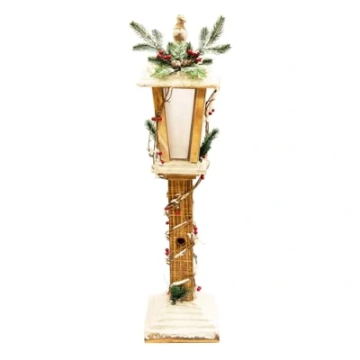 Image of SHATCHI 85cm Battery Operated Wooden Lamppost Warm White Rotating Star LEDs Snow Covered Lantern Indoor Christmas Decorations, Wood, Brown