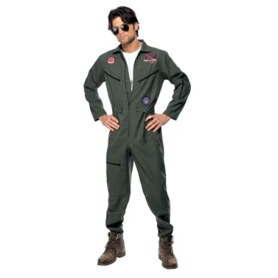 Image of Smiffys Top Gun Costume Jumpsuit Name Tags and Glasses (Green) XL