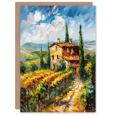 Image of Artery8 Summer Tuscan Farmhouse Oil Painting Colourful Greeting Birthday Card Him Her All Blank