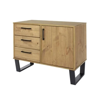Image of Home Source Sideboard Cupboard, Compact 3 Drawer 1 Door Industrial Storage Cabinet, Solid Pine Furniture, Natural