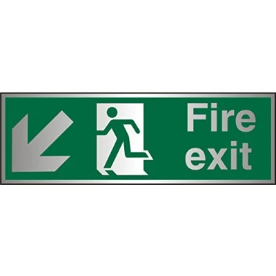 Image of Seco Fire Exit Arrow Pointing Down &amp; Left, Man Running Sign, 300mm x 100mm Brushed Aluminium Acrylic