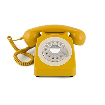 Image of GPO 746 Rotary 1970s Style Retro Landline Telephone, Classic Telephone with Ringer On/Off Switch, Curly Cord, Authentic Bell Ring for Home, Hotels Mustard