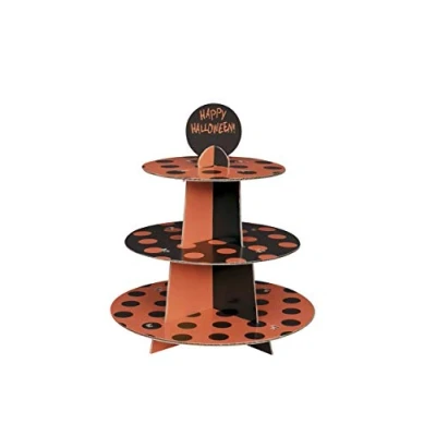 Image of Unique Party 91175 Orange and Black Polka Dot Halloween Cupcake Stand