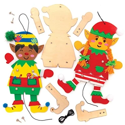 Image of Baker Ross AT115 Christmas Elf Wooden Puppet Kits, Festive Arts and Crafts (Pack of 4)