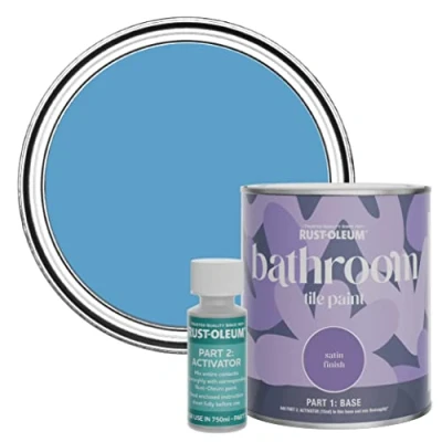 Image of Rust Oleum Blue Water Resistant Bathroom Tile Paint in Satin Finish Cerulean 750ml