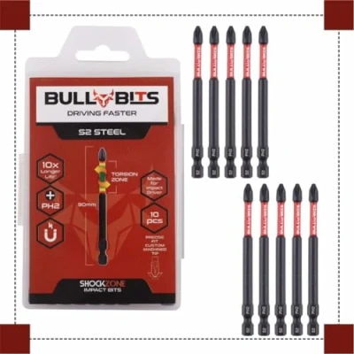 Image of 10x Bull Bits 90mm PH2 Impact Screwdriver Drill Driver Set Phillips No.2 Compatible with DeWalt, Milwaukee, Bosch, Makita, and More