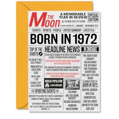 Image of 52nd Birthday Cards for Women Men Born In 1972 Newspaper Happy 52 Card Dad Mum Aunt Uncle Vintage Retro Back 1972, A5 Fifty Two Second Bday Greeting