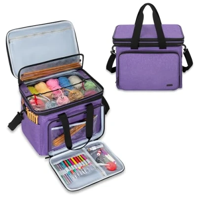 Image of Teamoy Knitting Bag, Yarn Storage Tote with Nylon Zippered Cover, Multiple Inner Divider for and Unfinished Project, Crochet Hooks, Needles Accessories(NO Accessories Included), Purple