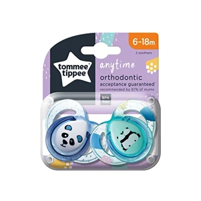 Image of Tommee Tippee Anytime Soothers, 6 18m, 2 Pack, Symmetrical Orthodontic Design, BPA Free Silicone, Blue
