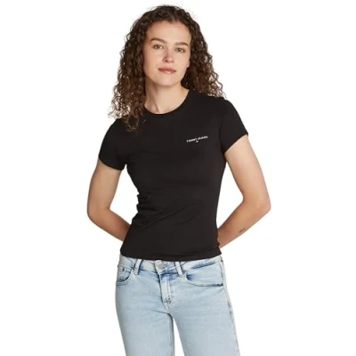 Image of Tommy Jeans Women’s Short Sleeve Round Neck Slim Fit Linear T Shirt, Black (Black), XS