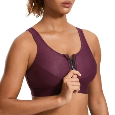 Image of SYROKAN Women&#039;s Sports Bra High Impact Front Fastening Zipper Wireless Post Surgery Support Workout Dark red 42C
