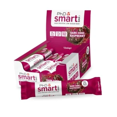 Image of PhD Smart Hight Protein Bar Low Sugar, Nutritional Bars/Protein Snacks, Chocolate Raspberry Flavour, 20g of Protein, 64g (12 Pack)