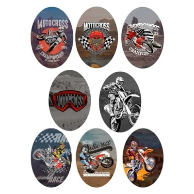 Image of 8 x MOTOCROSS Screen Printed Knee Patches for Iron on Clothes Applications Repairing and Decorating Trousers, Jackets, Jerseys, Backpacks, Robes etc. (8556)