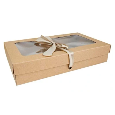Image of Emartbuy Pack of 36 Rectangle Shaped Presentation Gift Box, 25 cm x 15 5 cm, Brown Kraft Box with Clear Lid and Satin Ribbon