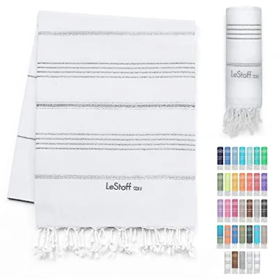 Image of LeStoff Premium Hammam Towel 100% Organic Cotton Pre washed Sustainable Absorbent &amp; Quick drying Beach, Bath, Shower, Yoga, Spa Travel (95 x 180 cm, White Silver)