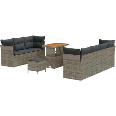 Image of vidaXL 10 Piece Garden Sofa Set with Cushions Grey Poly Rattan Acacia
