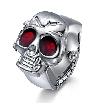 Image of JewelryWe Men Women Finger Watch Punk Skull Flip Open Cover Quartz Analog Ring Watches, Adjustable Size