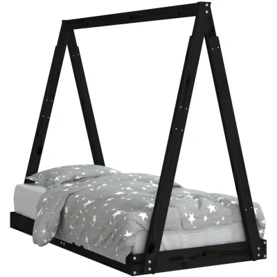 Image of vidaXL Black Kids Bed Frame with Tipi Design 70x140 cm Scandinavian Style, Ground Level Structure for Safety Solid Pinewood Sturdy Slats