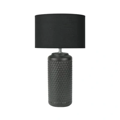Image of 50cm Black Patterned Ceramic Table Buffet Ribbed Lamp with Linen Shade